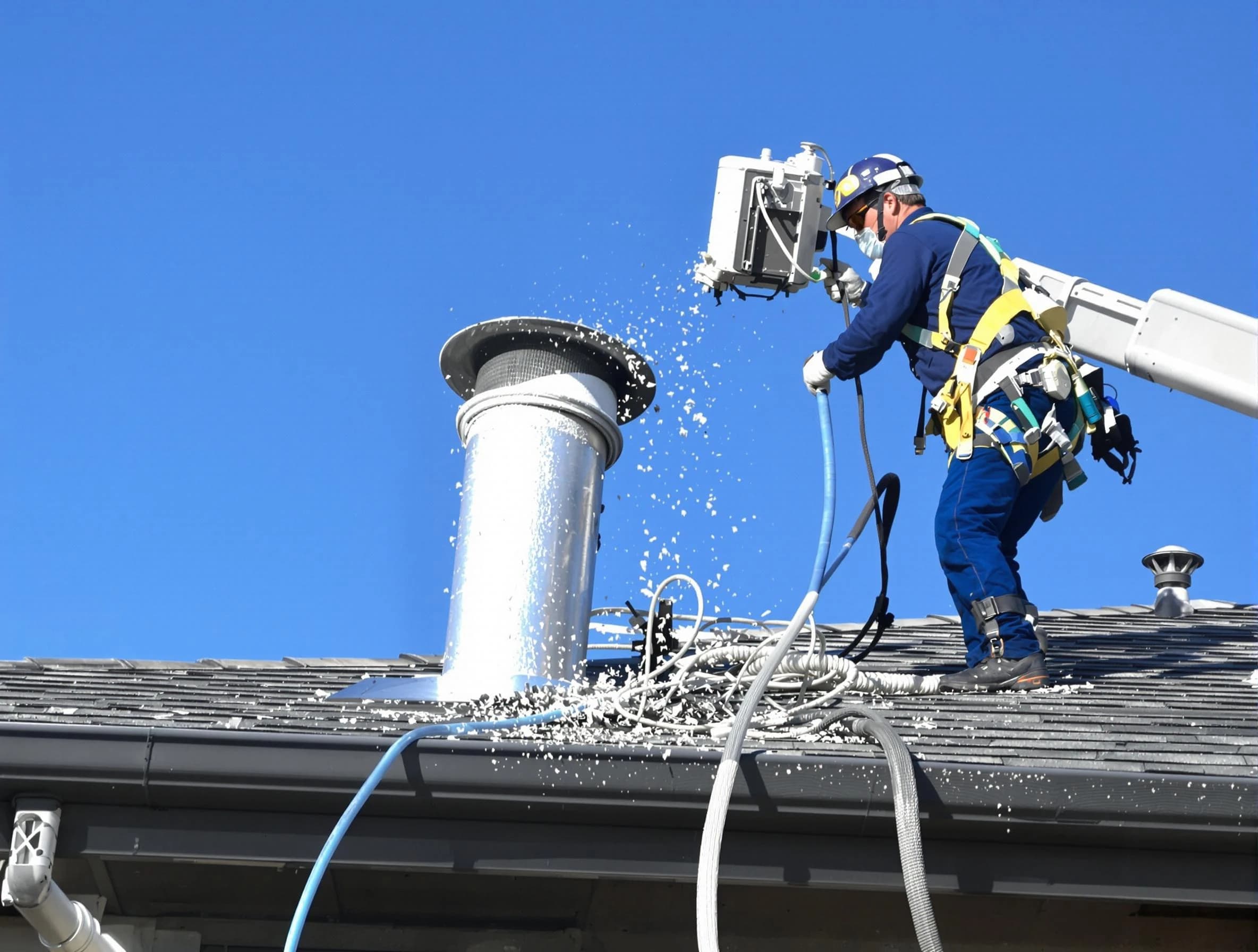 Weymouth Dryer Vent Cleaning certified technician safely cleaning a roof-mounted dryer vent in Weymouth