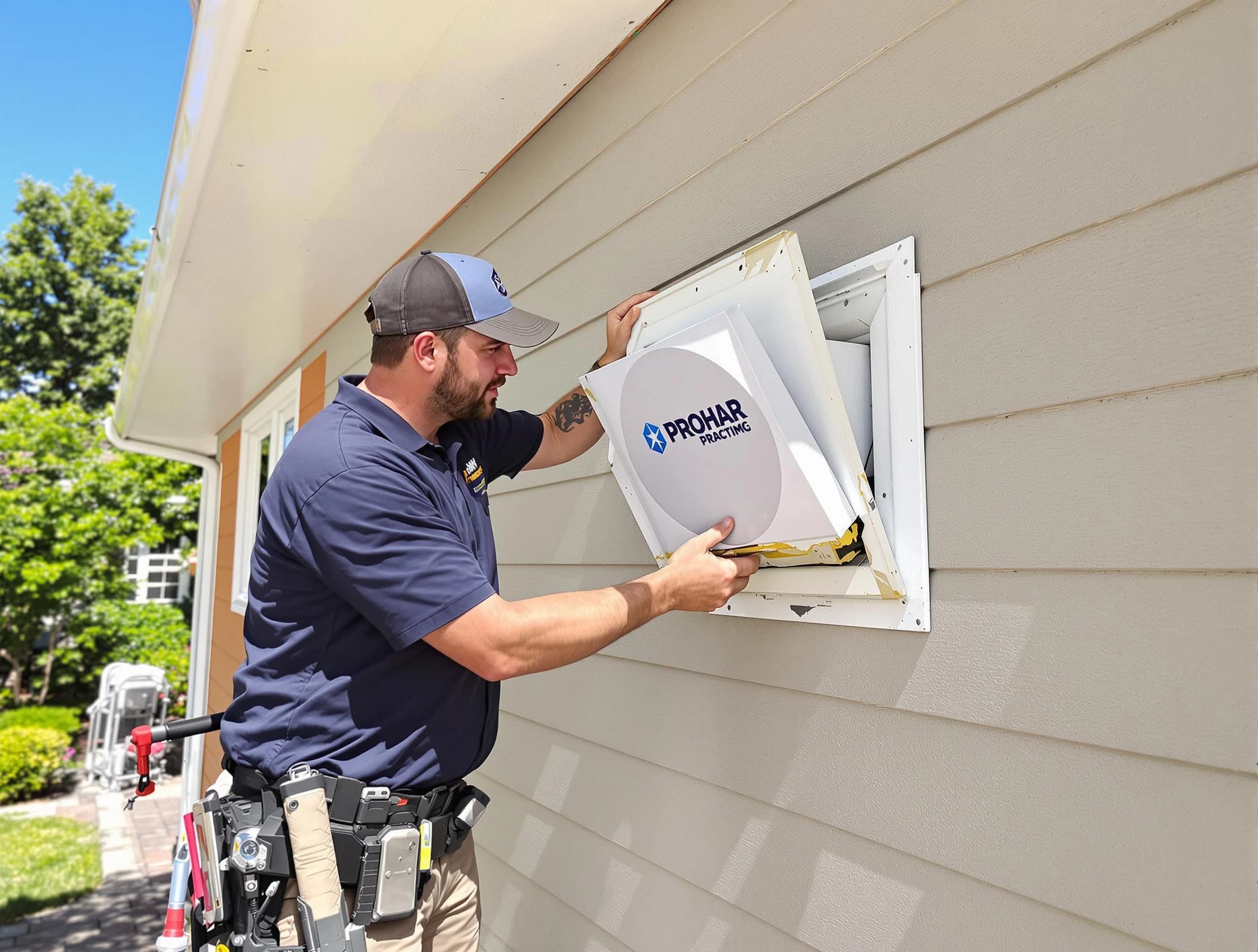 Weymouth Dryer Vent Cleaning technician installing a new protective dryer vent cover on a home in Weymouth