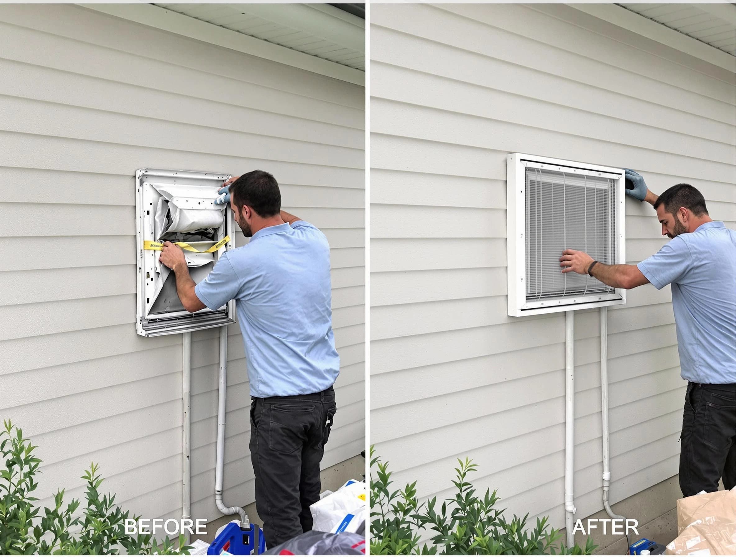 Weymouth Dryer Vent Cleaning technician installing high-quality dryer vent cover at a residential property in Weymouth