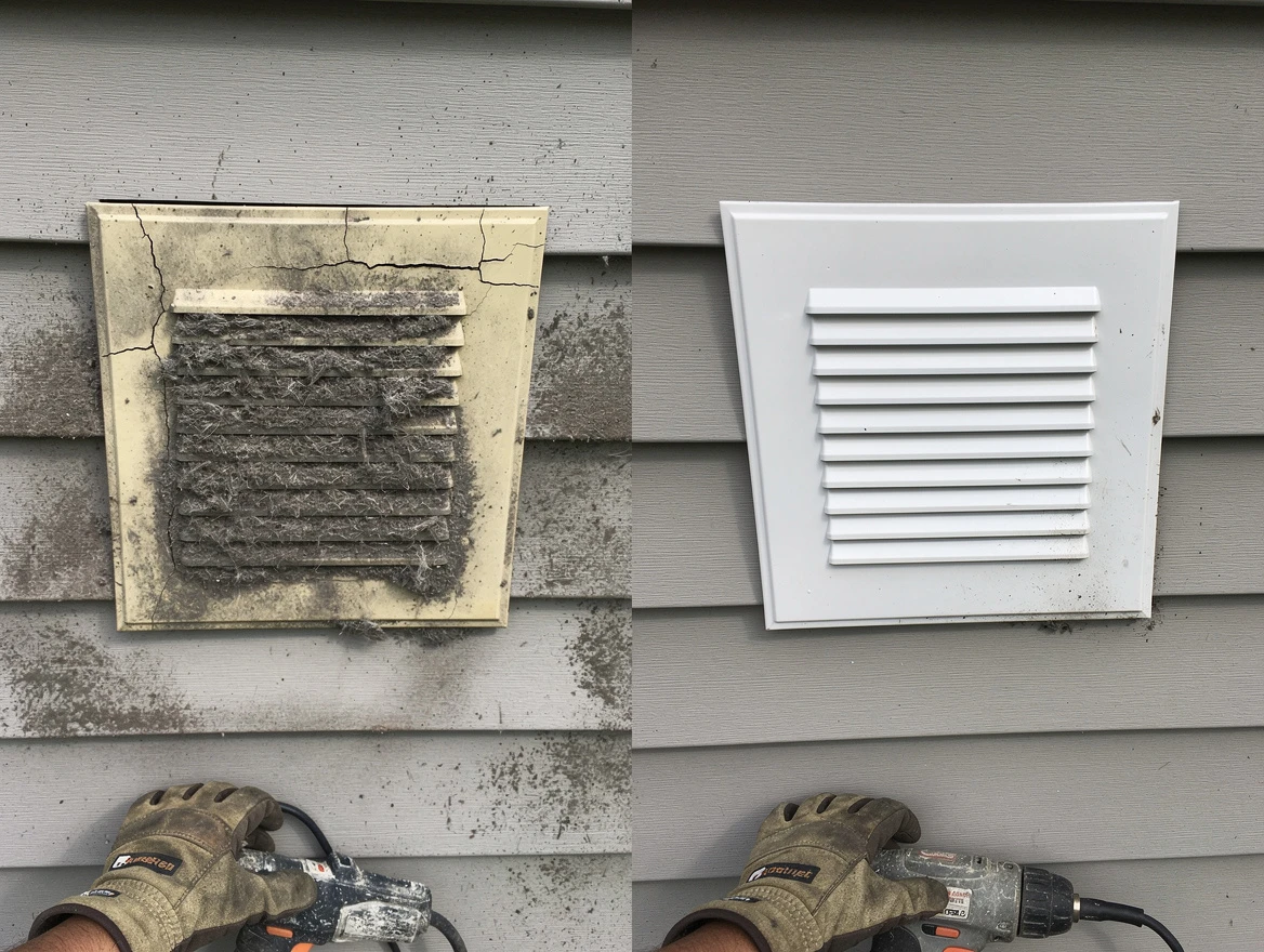 Weymouth Dryer Vent Cleaning technician installing high-quality dryer vent cover at a residential property in Weymouth