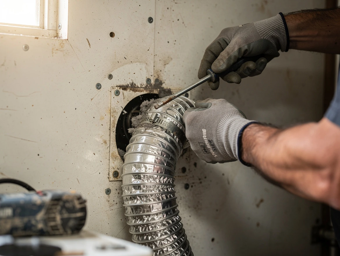 Weymouth Dryer Vent Cleaning technician performing precise dryer vent hose installation in Weymouth